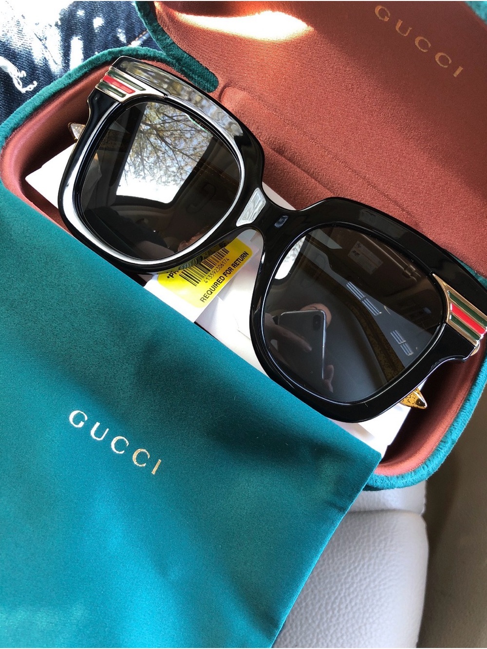 Gucci Black Sunglasses with Green-Red Stripe Accent